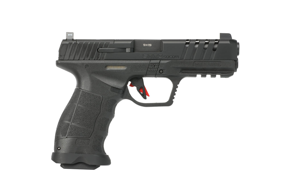 SAR USA SAR9SOCOMBL SAR9 SOCOM 9mm Luger 21+1 5.20" Black Steel Barrel, Black Steel Optic Ready/Ported/Serrated Slide, Black Polymer Frame w/Picatinny Rail, Interchangeable Backstrap Grip, Right Hand