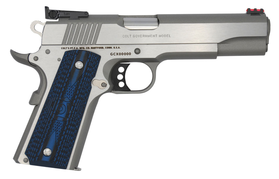 Colt Mfg O5070GCL Gold Cup Lite 45 ACP 8+1 5" Stainless National Match Barrel, Stainless Steel Serrated Slide, Stainless Steel Frame w/Beavertail, Blue Scalloped G10 Grip, Ambidextrous