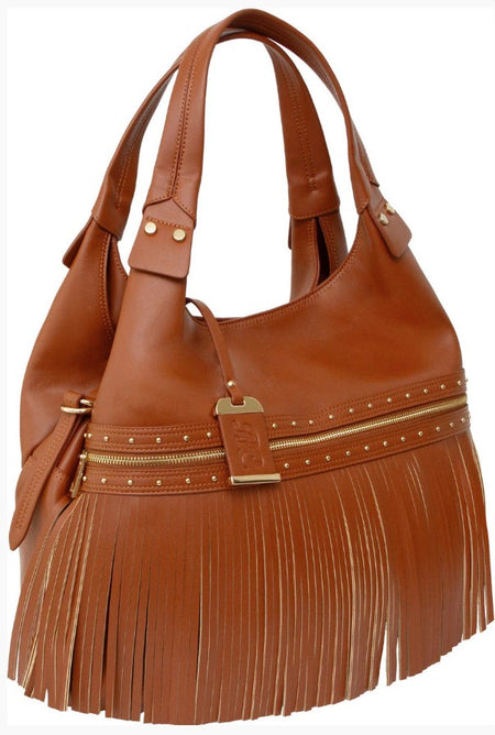 Bulldog Concealed Carry Shoulder Bag with Tassels and Holster, Cognac