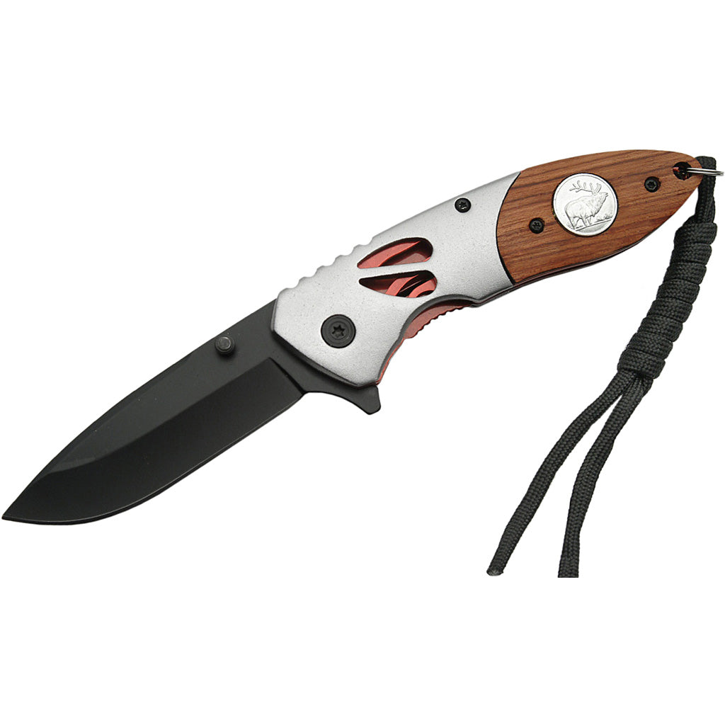 SZCO Deer Imprint Folding Knife 4.5" Closed Wood Handle with Clip