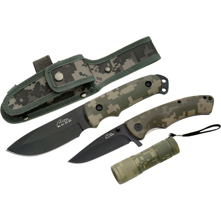 SZCO Hunting Combo Set 9" Fixed Blade and 4.5" Folder with LED Flashlight