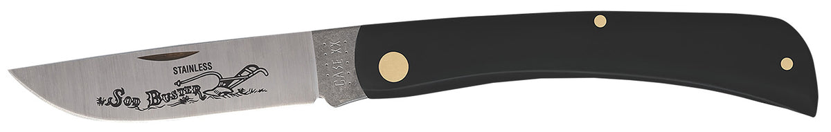 Case 00092 Sod Buster 3.70" Folding Knife Skinner Etched Tru-Sharp SS Blade, Smooth Black Synthetic Handle