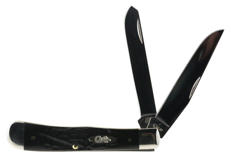Case 18221 Trapper Folding Pocket Knife 3.25"/3.27" Clip Point/Spey Blades Mirror Polished Tru-Sharp SS, Rough Black Jigged Synthetic Handle