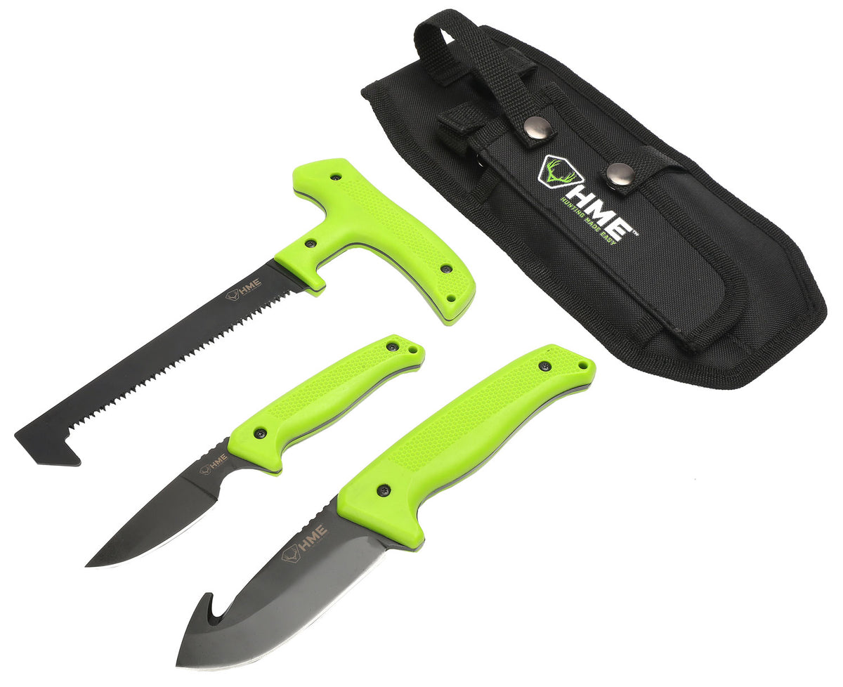 HME KN3PFK 3-Piece Field Dressing Kit Fixed 420HC SS Black Oxide Blades Green TPR Handles Gut Hook/Saw/Caper