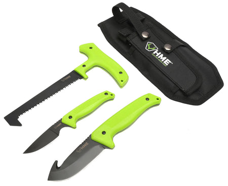 HME KN3PFK 3-Piece Field Dressing Kit Fixed 420HC SS Black Oxide Blades Green TPR Handles Gut Hook/Saw/Caper