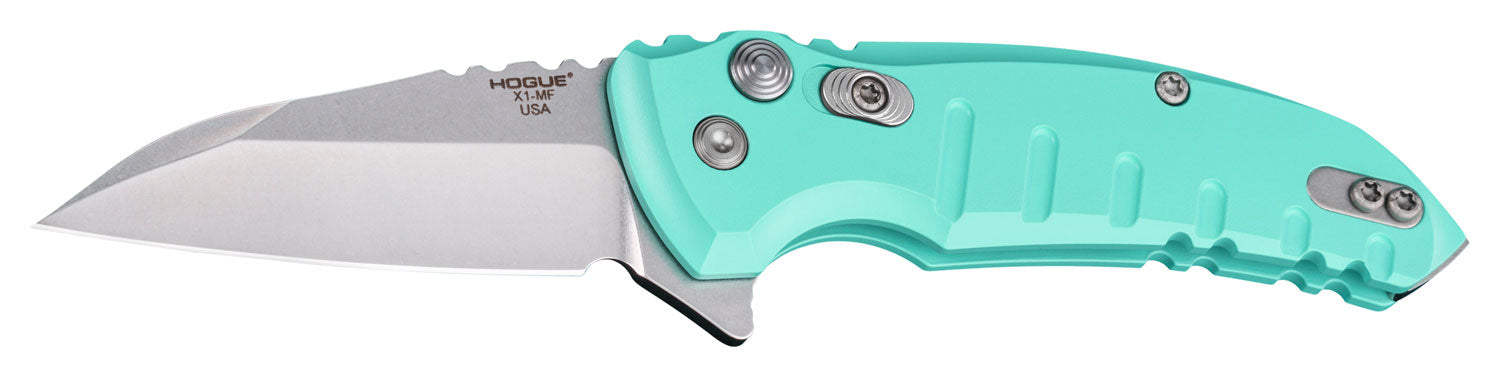Hogue X1 MicroFlip 2.75" Folding Wharncliffe Button Lock Knife, Tumble Polish 154CM Blade, Aquamarine Anodized Aluminum Handle with Pocket Clip
