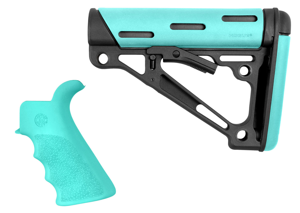 Hogue OverMolded 2-Piece Collapsible Stock & Beavertail Grip Kit Aqua for AR15/M16 Mil-Spec