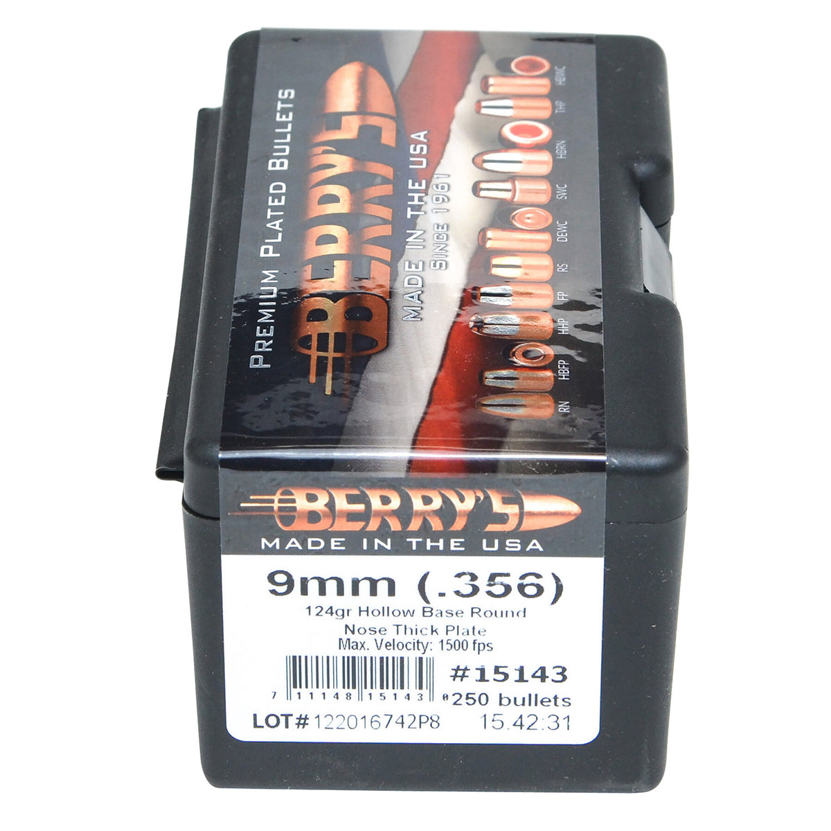Berry's Superior 9mm .356 Caliber 124gr Hollow Base Round Nose Thick Plated Bullets 250-Count