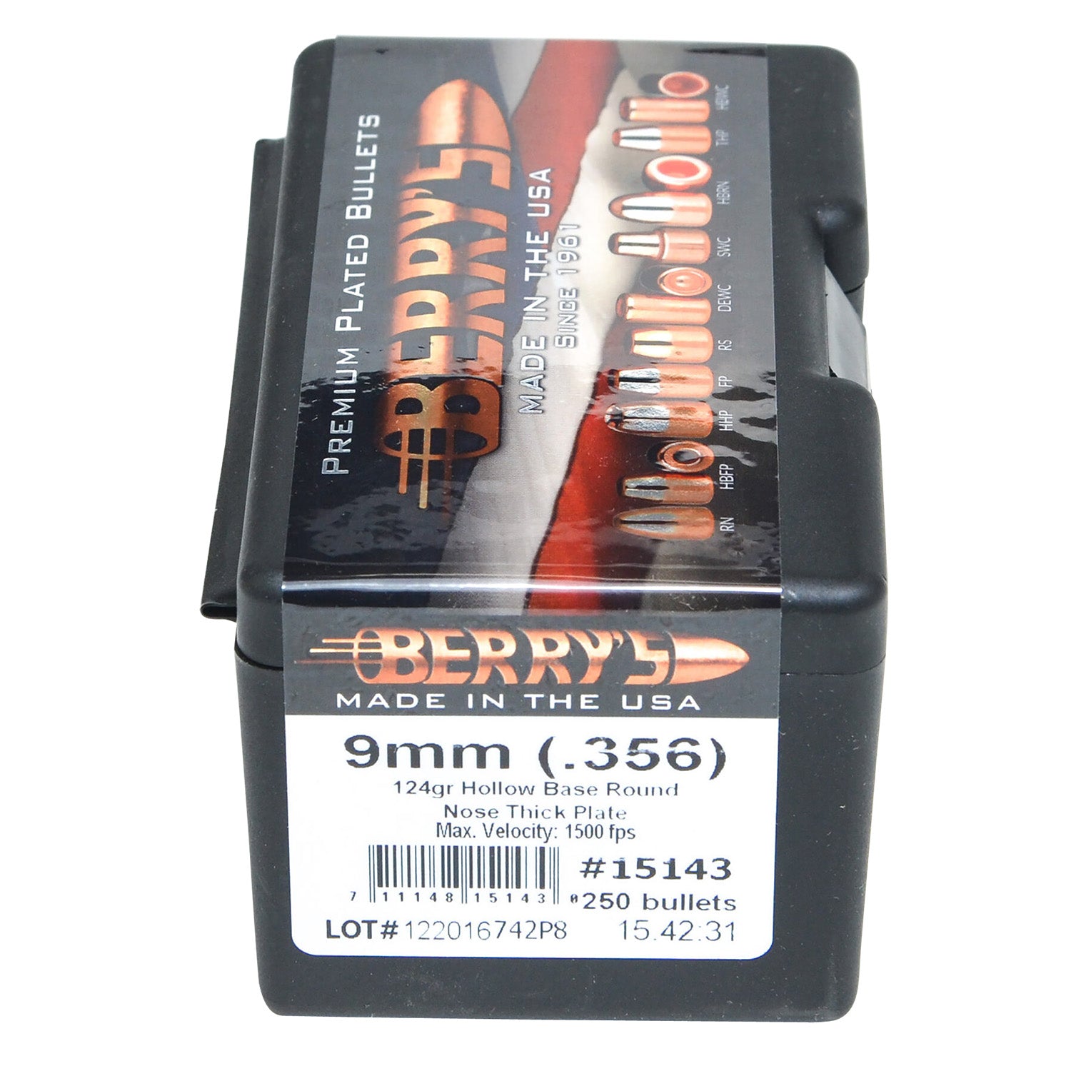 Berry's Superior 9mm .356 Caliber 124gr Hollow Base Round Nose Thick Plated Bullets 250-Count