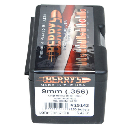 Berry's Superior 9mm .356 Caliber 124gr Hollow Base Round Nose Thick Plated Bullets 250-Count