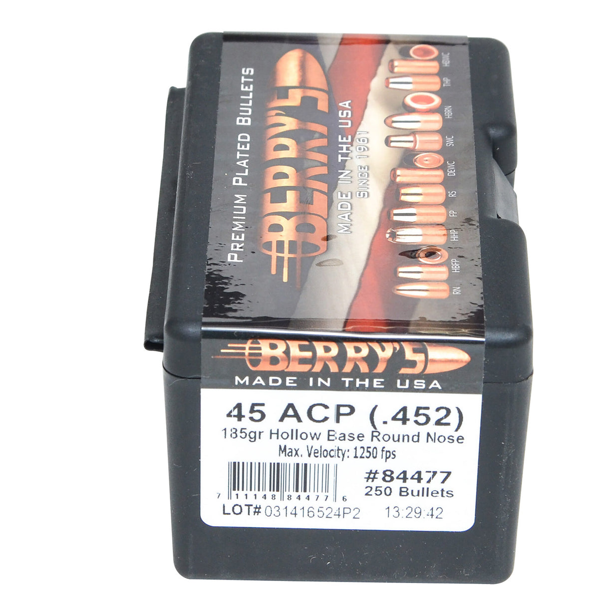 Berry's Superior 45 Caliber 185 Grain Hollow Base Round Nose Plated Reloading Bullets 250-Count