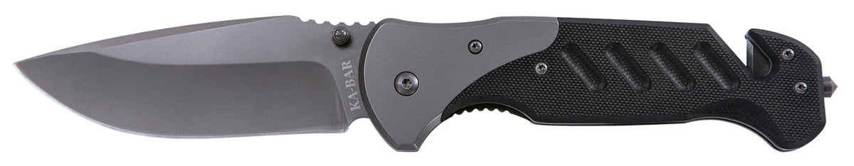 Ka-Bar 3085 Coypu 3.75" Folding Clip Point Stonewashed 5Cr15MoV SS Blade, Black G10 Handle, Glass Breaker/Seat Belt Cutter
