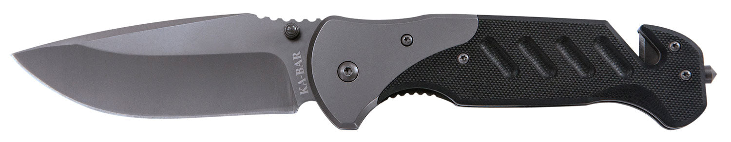 Ka-Bar 3085 Coypu 3.75" Folding Clip Point Stonewashed 5Cr15MoV SS Blade, Black G10 Handle, Glass Breaker/Seat Belt Cutter