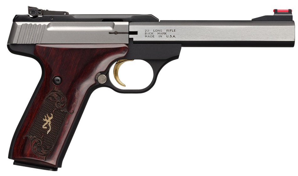 Browning 051543490 Buck Mark Medallion 22 LR 10+1 5.50" Blackened SS Slab Side Barrel, Stainless Steel Serrated SS Slide, Matte Black Aluminum Frame, Checkered Rosewood w/Gold BuckMark Inlay Grip