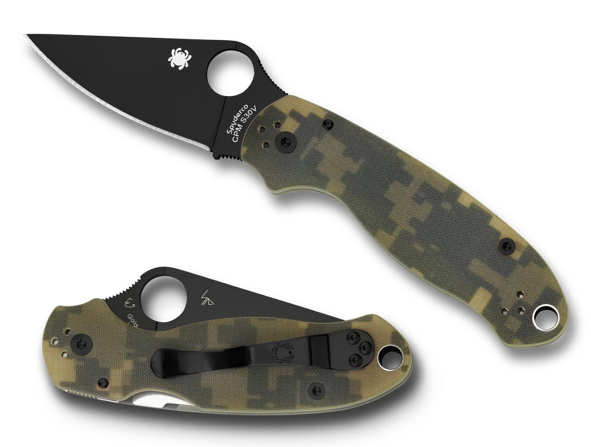 Spyderco C223GPCMOBK Para 3 2.95" Folding Drop Point Plain Black DLC CPM S30V SS Blade Camo G10 Handle