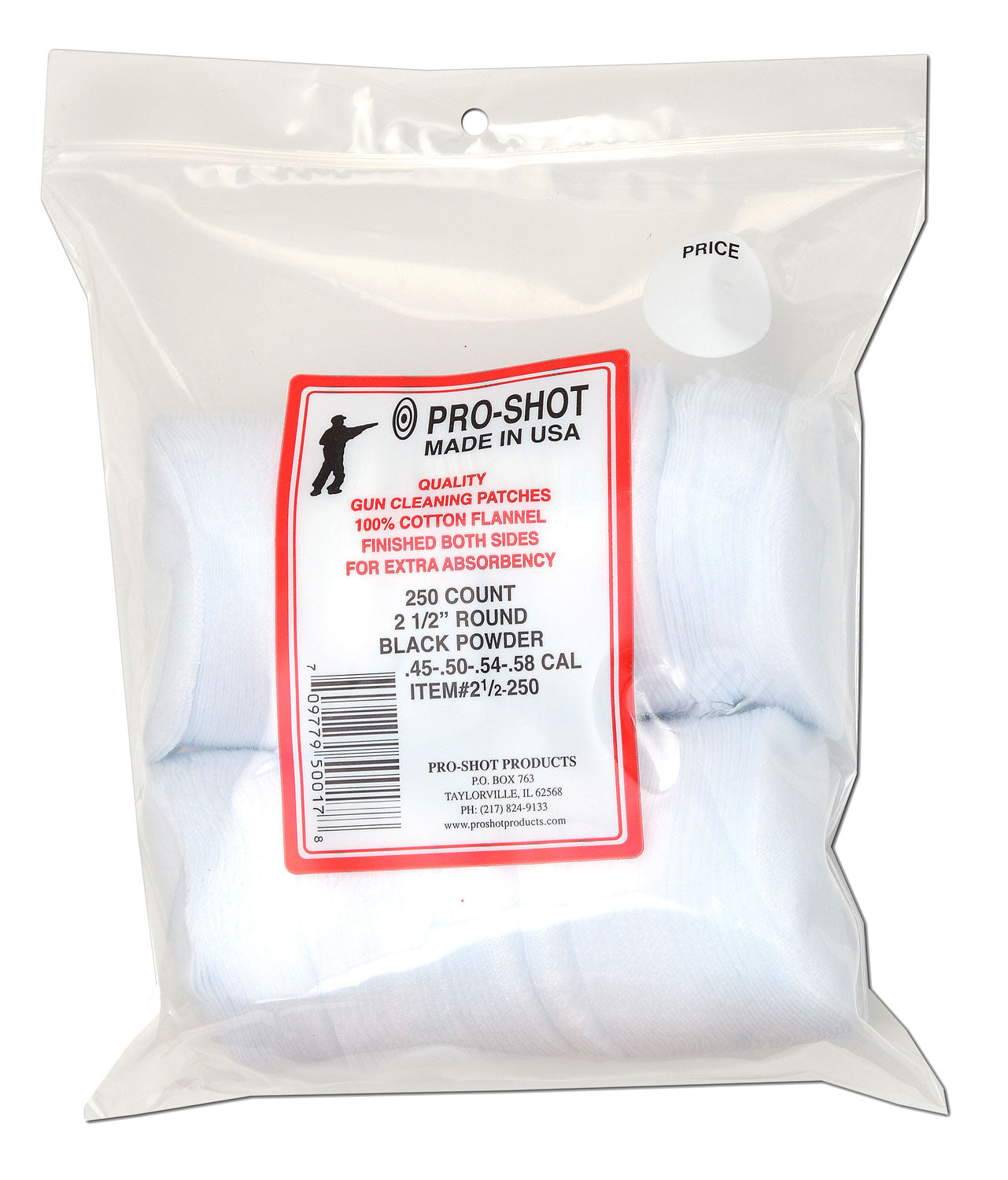Pro-Shot 212250 Cleaning Patches .45-.58 Cal 2.50" Round Cotton Flannel 250 Pack