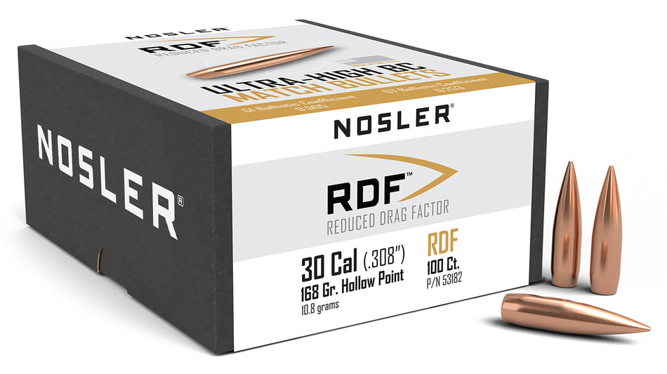 Nosler 53182 30Cal 168 Grain RDF Match Hollow Point Boat Tail 100/Box