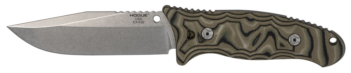 Hogue EX-F02 4.50" Fixed Blade Clip Point Knife, Tumble Polish 154CM SS, G-Mascus Green G10 Handle