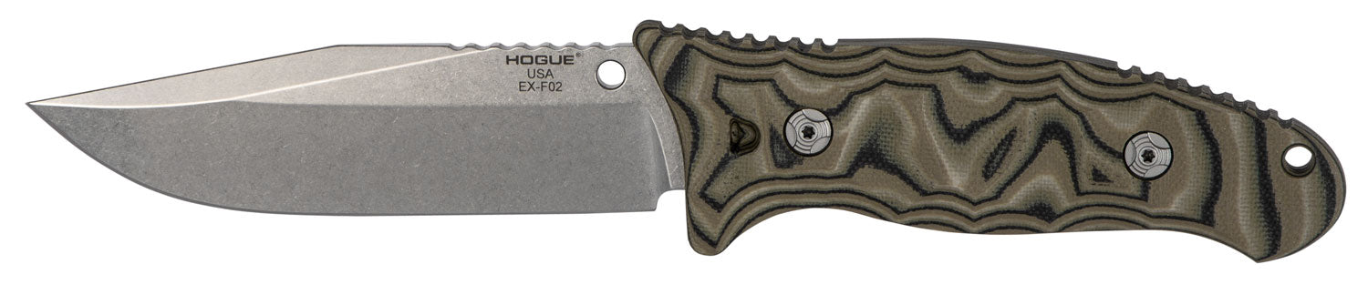 Hogue EX-F02 4.50" Fixed Blade Clip Point Knife, Tumble Polish 154CM SS, G-Mascus Green G10 Handle