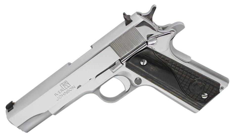 Iver Johnson Arms 1911A138CHRW 1911 A1 Government 70 Series 38 Super 9+1 5" Bright Polish Chrome Serrated Steel Slide & Frame w/Beavertail, Black Dual Textured Diamondwood Grip, Right Hand
