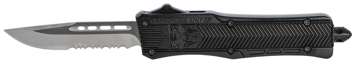 CobraTec CTK-1 Small SBCTK1SDS 2.75" OTF Drop Point Part Serrated D2 Steel Blade Black Aluminum Handle Glass Breaker