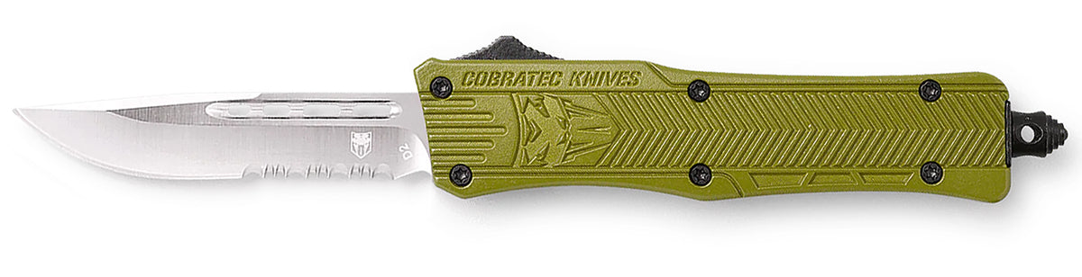 CobraTec CTK-1 Small SODCTK1SDS 2.75" OTF Drop Point Part Serrated D2 Steel Blade OD Green Aluminum Handle Glass Breaker
