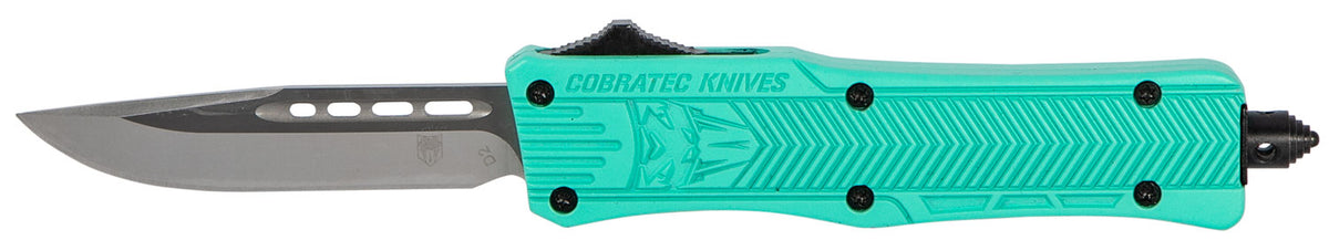CobraTec CTK-1 Small STFCTK1SDNS 2.75" OTF Drop Point Plain D2 Steel Blade Tiffany Blue Aluminum Handle Glass Breaker