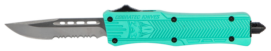 CobraTec CTK-1 Small STFCTK1SDS 2.75" OTF Drop Point Part Serrated D2 Steel Blade Tiffany Blue Aluminum Handle Glass Breaker