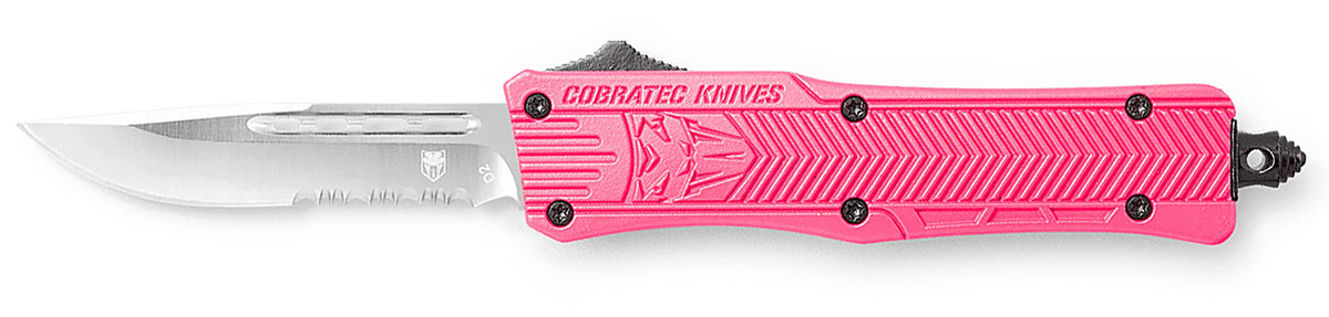 CobraTec CTK-1 Small OTF Drop Point Part Serrated D2 Blade Pink Aluminum Handle Glass Breaker Pocket Clip