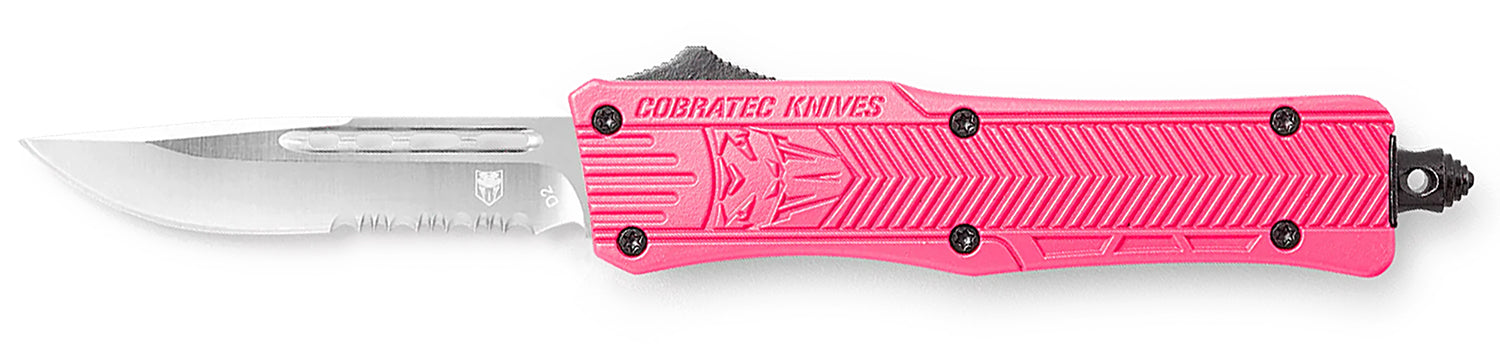 CobraTec CTK-1 Small OTF Drop Point Part Serrated D2 Blade Pink Aluminum Handle Glass Breaker Pocket Clip