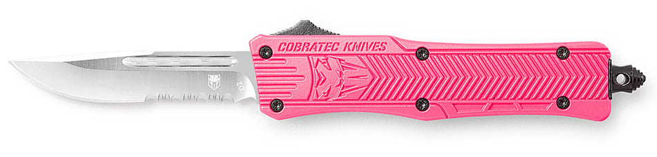 CobraTec CTK-1 Small OTF Drop Point Part Serrated D2 Blade Pink Aluminum Handle Glass Breaker Pocket Clip