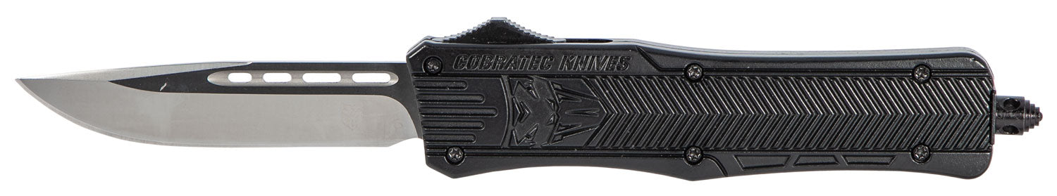 CobraTec CTK-1 Medium OTF Drop Point Plain D2 Steel Blade Black Aluminum Handle with Glass Breaker Side Button