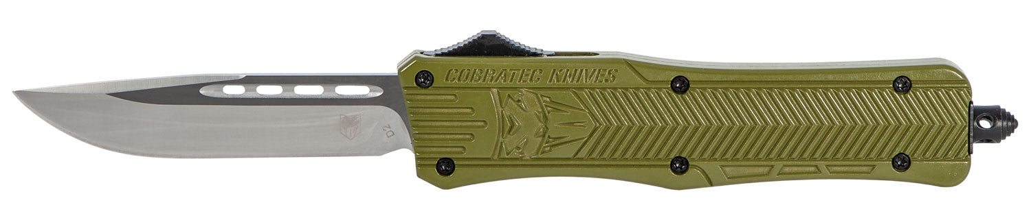 CobraTec CTK-1 Medium OTF Drop Point Plain D2 Blade OD Green Aluminum Handle with Glass Breaker Pocket Clip