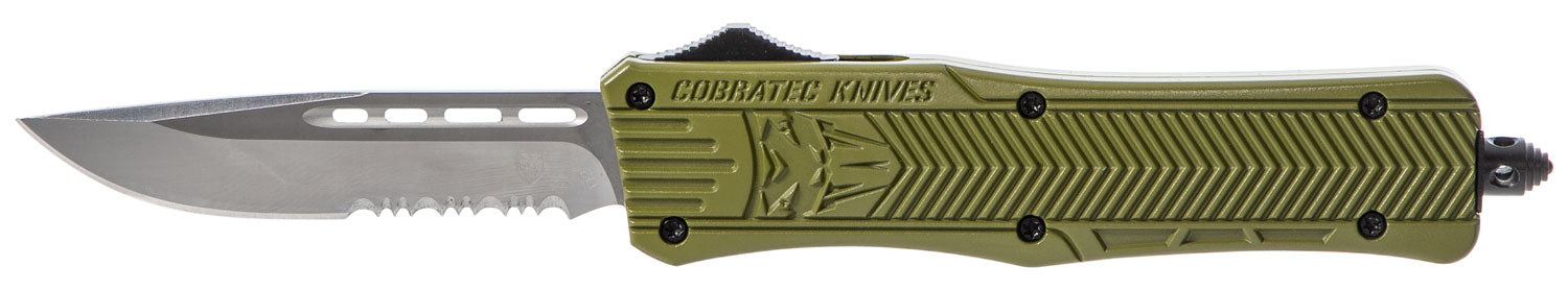 CobraTec CTK-1 Medium OTF Drop Point Part Serrated D2 Blade OD Green Aluminum Handle Glass Breaker Pocket Clip