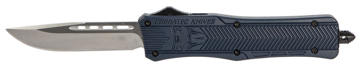 CobraTec CTK-1 Medium OTF Drop Point Plain D2 Blade NYPD Blue Aluminum Handle with Glass Breaker Pocket Clip