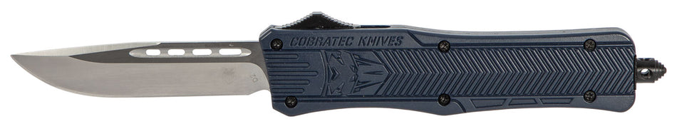 CobraTec CTK-1 Medium OTF Drop Point Plain D2 Blade NYPD Blue Aluminum Handle with Glass Breaker Pocket Clip