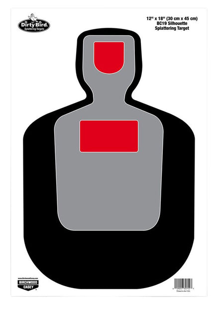 Birchwood Casey 35712 Dirty Bird BC-19 Silhouette Paper Hanging Pistol Target 12"x18" Black/Gray/Red Splatter 100 Per Pkg