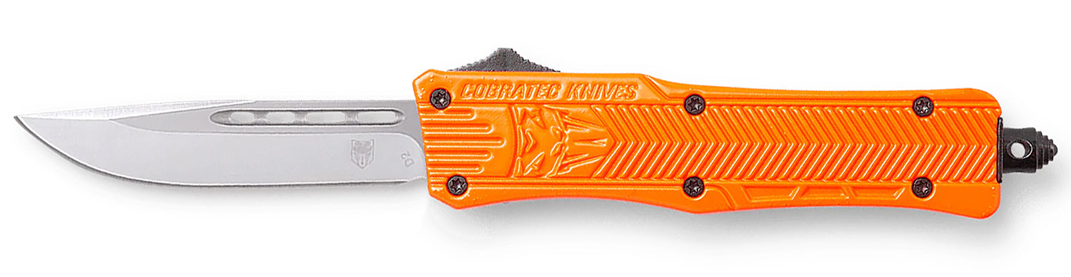 CobraTec CTK-1 Small OTF Drop Point Plain D2 Steel Blade Orange Aluminum Handle with Glass Breaker Pocket Clip