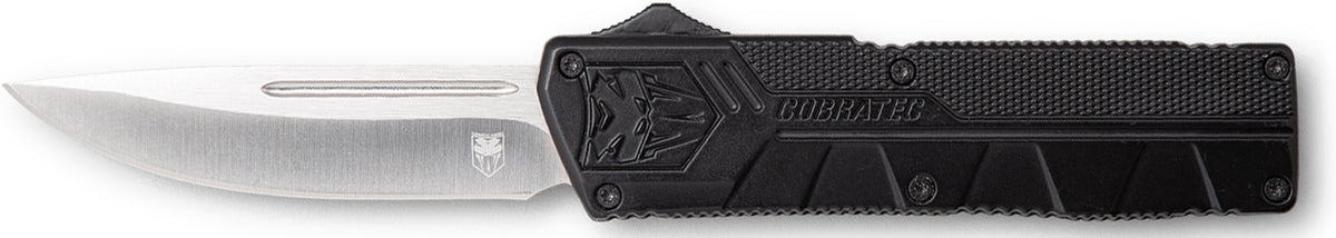 CobraTec Lightweight OTF Drop Point Plain D2 Steel Blade Black Aluminum Handle with Pocket Clip and Nylon Sheath