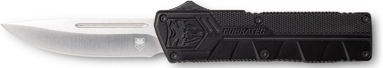 CobraTec Lightweight OTF Drop Point Plain D2 Steel Blade Black Aluminum Handle with Pocket Clip and Nylon Sheath