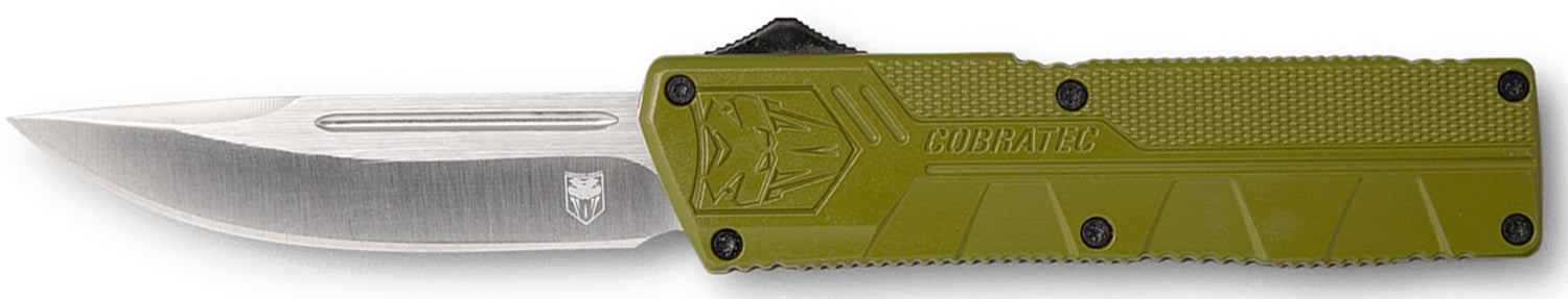 CobraTec Knives Lightweight 3.25" OTF Drop Point D2 Steel Blade OD Green Aluminum Handle with Pocket Clip