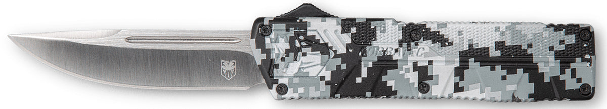 CobraTec Knives Lightweight 3.25" OTF Drop Point D2 Steel Blade Winter Digi Camo Aluminum Handle with Pocket Clip