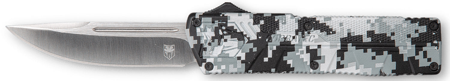 CobraTec Knives Lightweight 3.25" OTF Drop Point D2 Steel Blade Winter Digi Camo Aluminum Handle with Pocket Clip