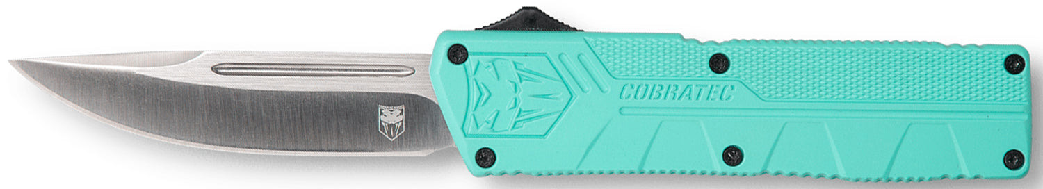 CobraTec Knives Lightweight 3.25" OTF Drop Point D2 Steel Blade Tiffany Blue Aluminum Handle with Pocket Clip