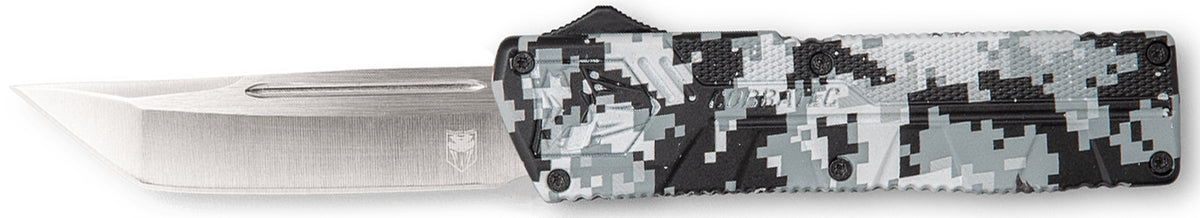 CobraTec Knives Lightweight 3.25" OTF Tanto Plain D2 Steel Blade Winter Digi Camo Aluminum Handle with Pocket Clip