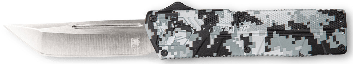CobraTec Knives Lightweight 3.25" OTF Tanto Plain D2 Steel Blade Winter Digi Camo Aluminum Handle with Pocket Clip