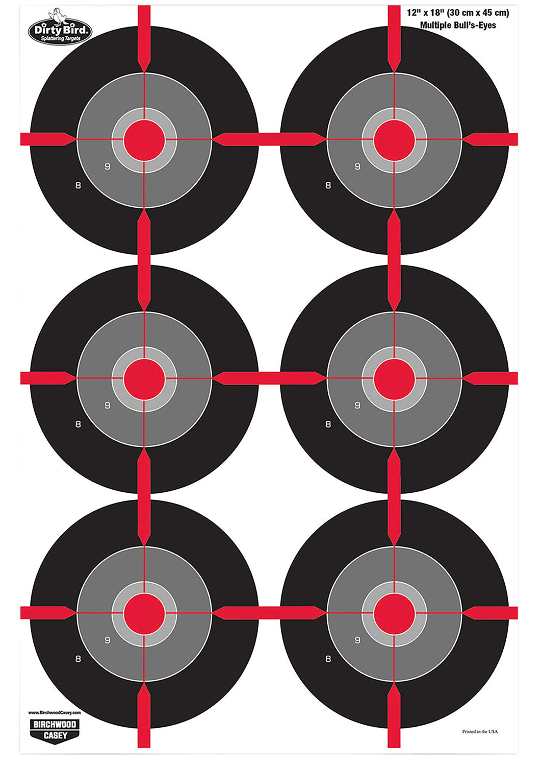 Birchwood Casey 35705 Dirty Bird Multiple Bullseye Tagboard Target 12"x18" Black/Red/Gray 8 Per Pkg