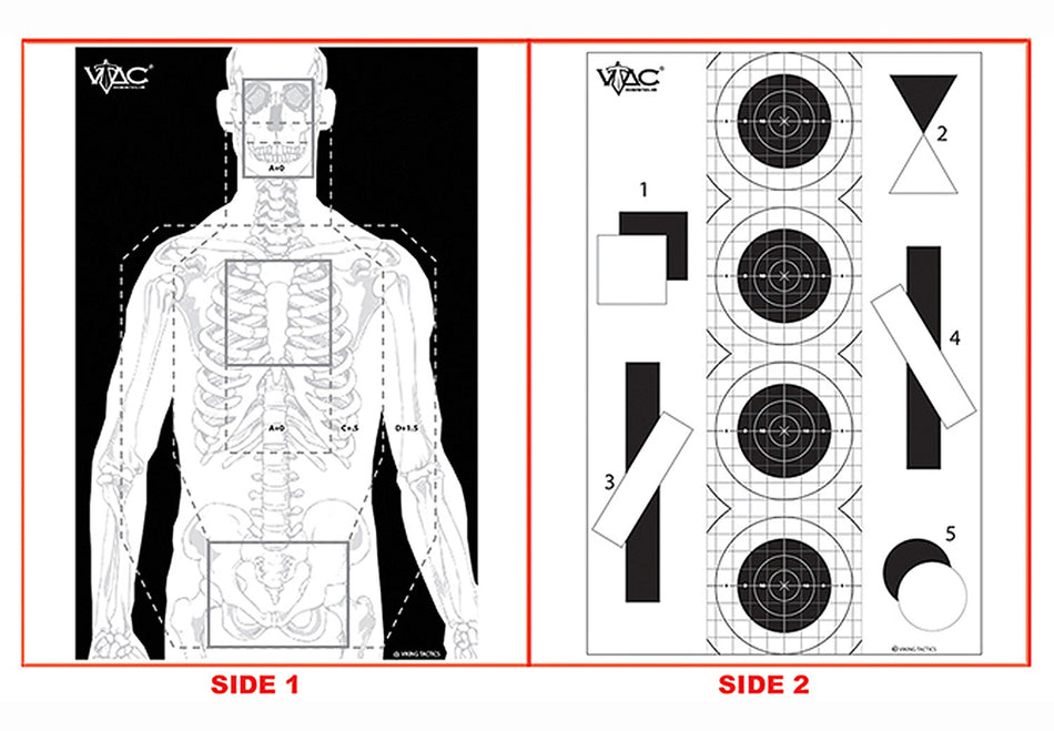Action Target, VTAC-P, Viking Tactics Double Sided Advanced Training Target, Marksmanship Side Has 4 SR-1C Bulls-Eye Target w/1" Square Sighting Grid, Silhouette Side w/Visible Skeleton, Black/White, 23"x35", 100 Per Box