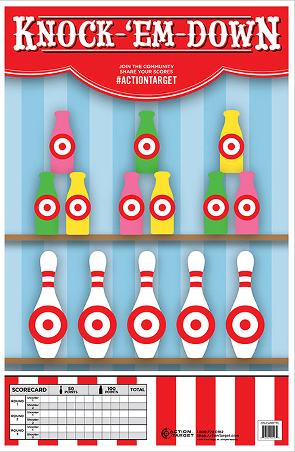 Action Target GSCARBTTL100 Knock-'Em-Down Bottles/Pins Entertainment Paper Hanging Target 23" x 35" Multi-Color 100 Per Box