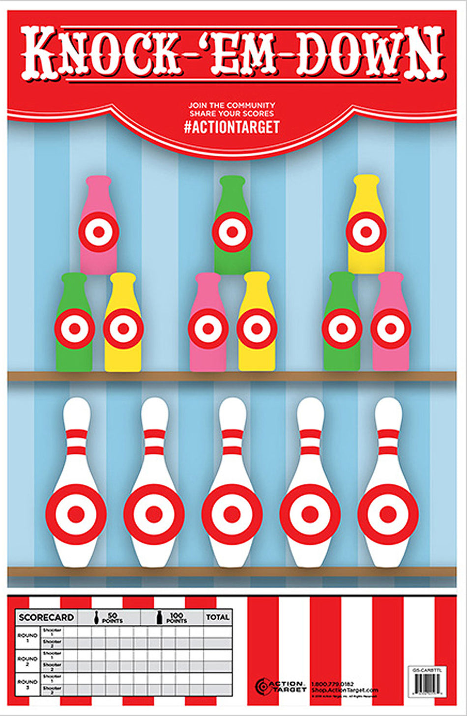 Action Target GSCARBTTL100 Knock-'Em-Down Bottles/Pins Entertainment Paper Hanging Target 23" x 35" Multi-Color 100 Per Box
